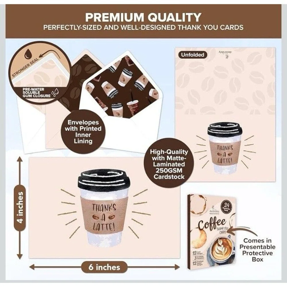 Decorably 24 Pack 6x4in Coffee Thank You Cards, Envelopes, Stickers (12 Designs)